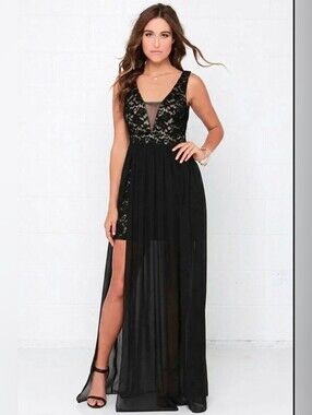 Ark & Co Black Lace Chiffon Overlay Maxi Dress Whimsigoth Romantic Prom Gala